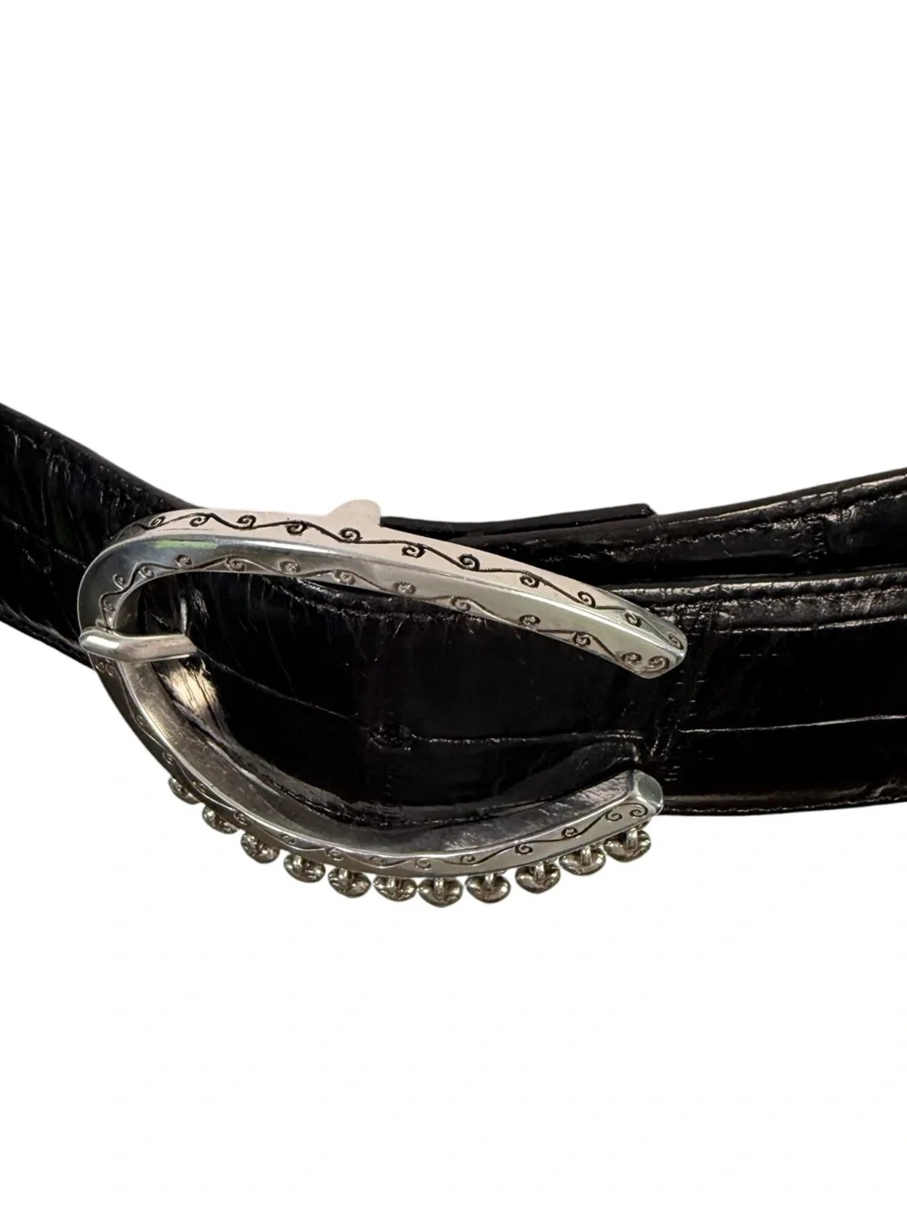 Brighton Black Croc Embossed Leather Belt Silver Heart Charm Buckle Size 30